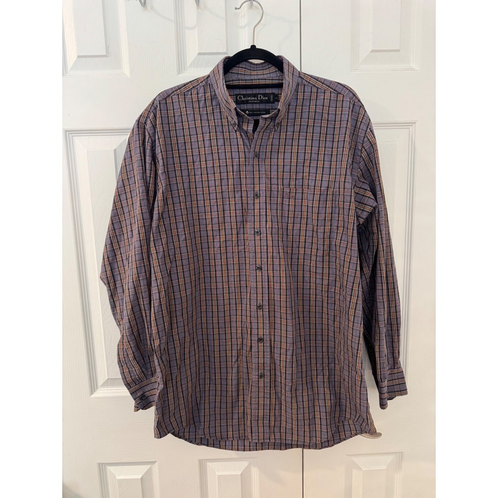Christian Dior Monsieur Mens Plaid Button Down Shirt Blue Burgundy Cotton Large